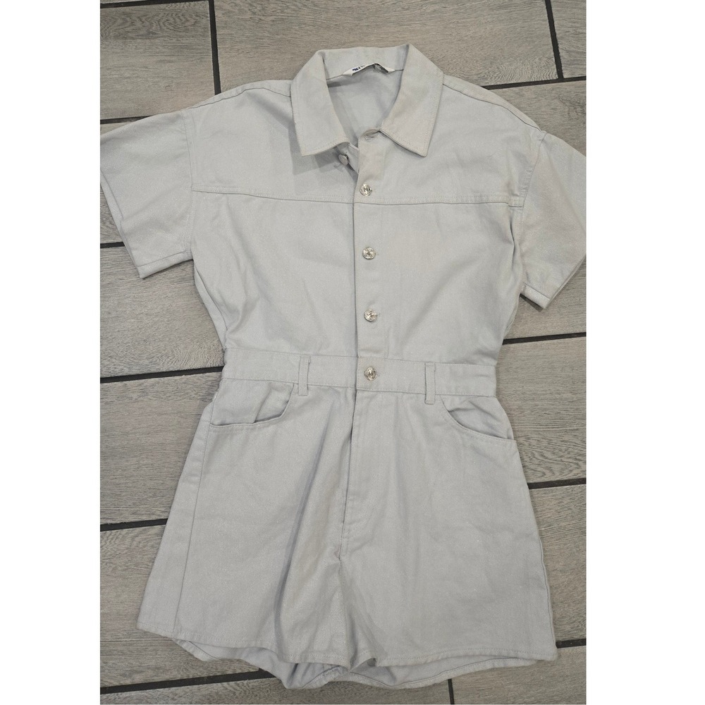 Zara Metallic Grey Denim Romper Short Sleeve Button Front Utility Playsuit M